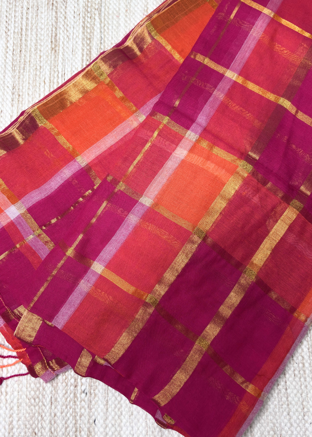 Pink & Orange Jari Checks Mul Cotton Saree