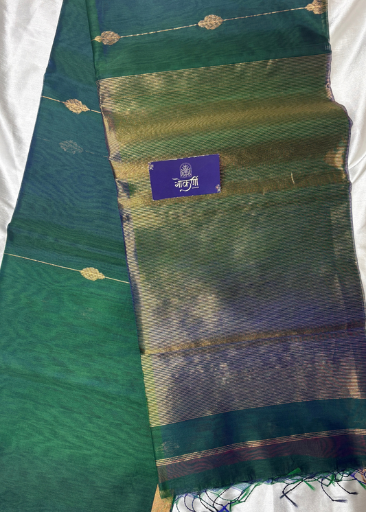 Dhoopchav Royal Blue & Bottle Green Shankh Butti Maheshwari