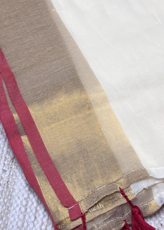Soft Off White With Maroon and Golden Jari Bordered Mul Cotton Saree