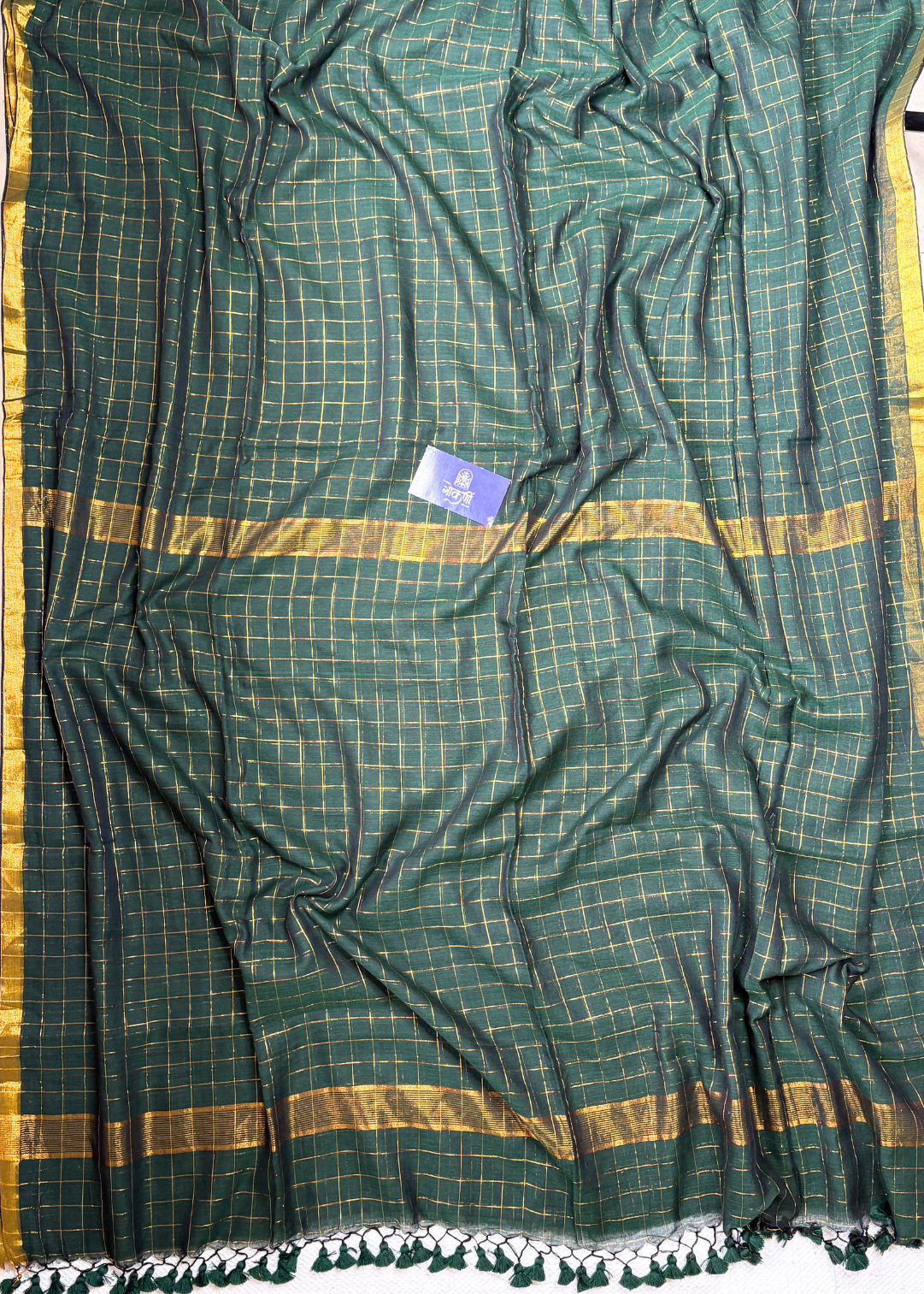 Bottle Green Checks Mul Cotton Saree