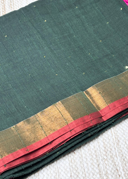 Bottle Green Chandani Mul Cotton Saree