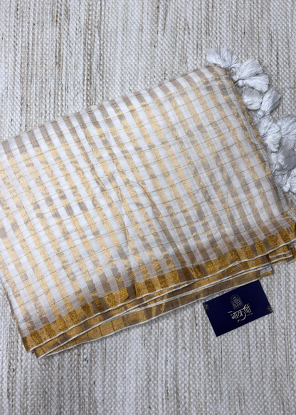 White Checks Mul Cotton Saree