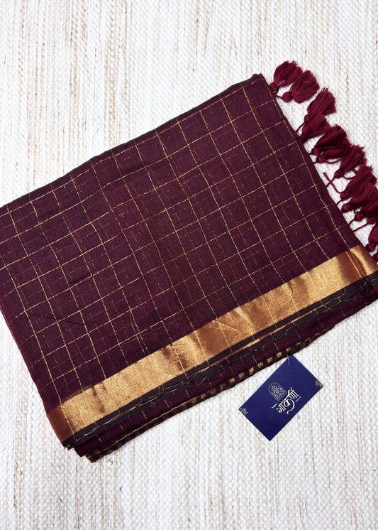 Brown Checks Mul Cotton Saree