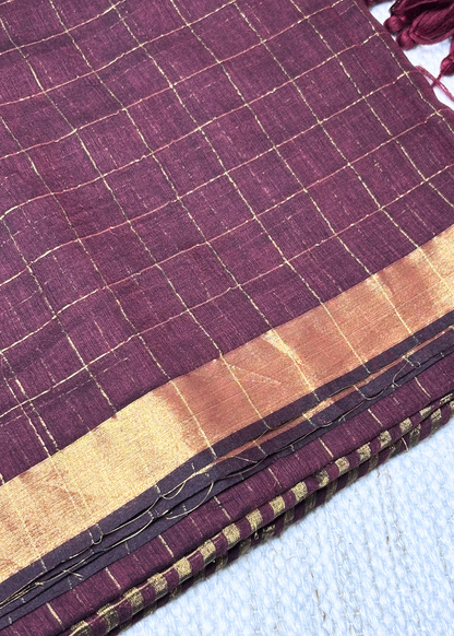 Brown Checks Mul Cotton Saree