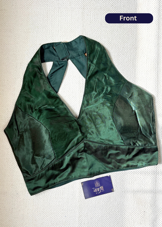 Halter Neck Bottle Green Silk Blouse