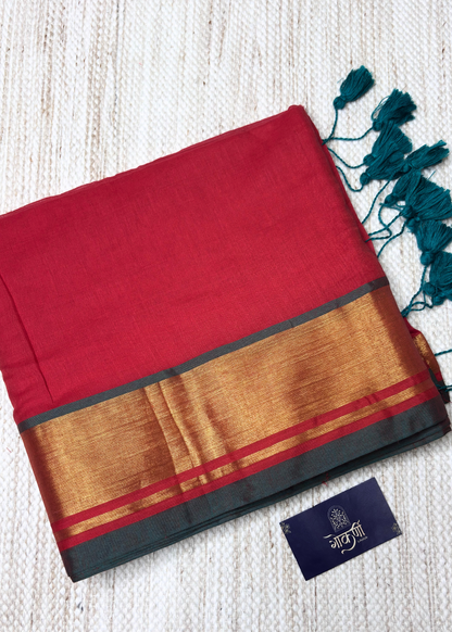 Cherry Red With Golden Jari Border Mul Cotton Saree