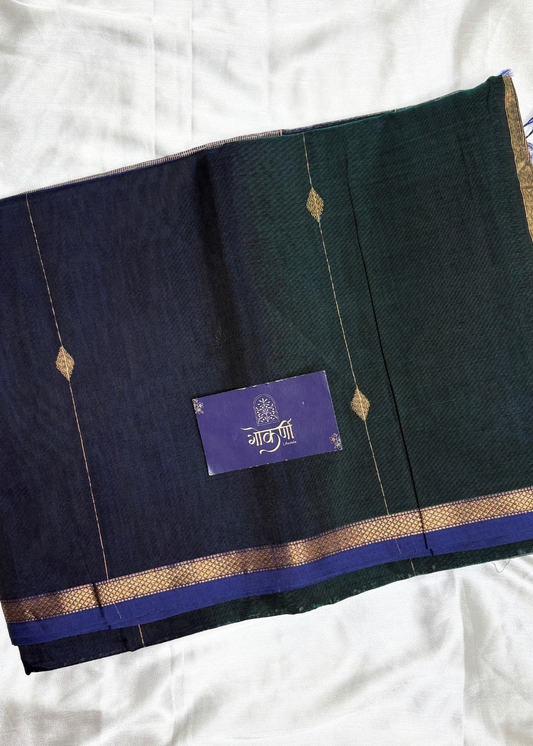 Dhoopchav Navy Blue & Bottle Green Diamond Butti - Chatai Border Maheshwari