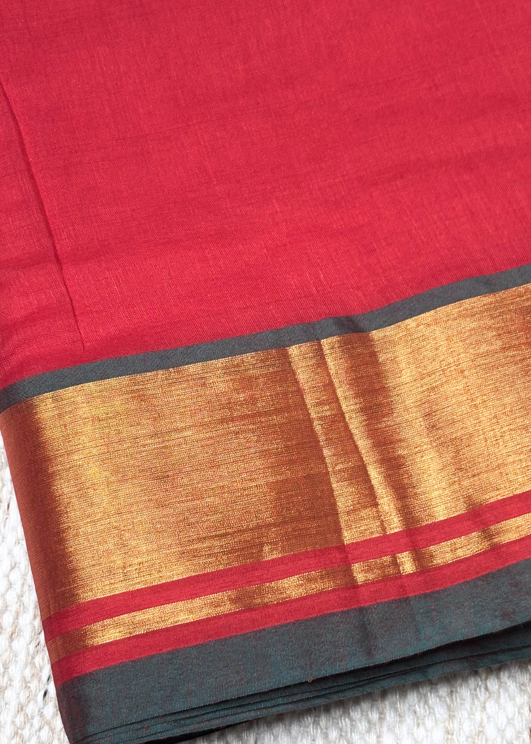 Cherry Red With Golden Jari Border Mul Cotton Saree