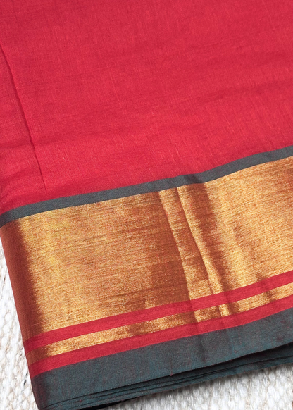 Cherry Red With Golden Jari Border Mul Cotton Saree