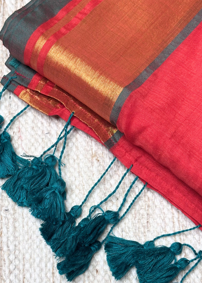 Cherry Red With Golden Jari Border Mul Cotton Saree
