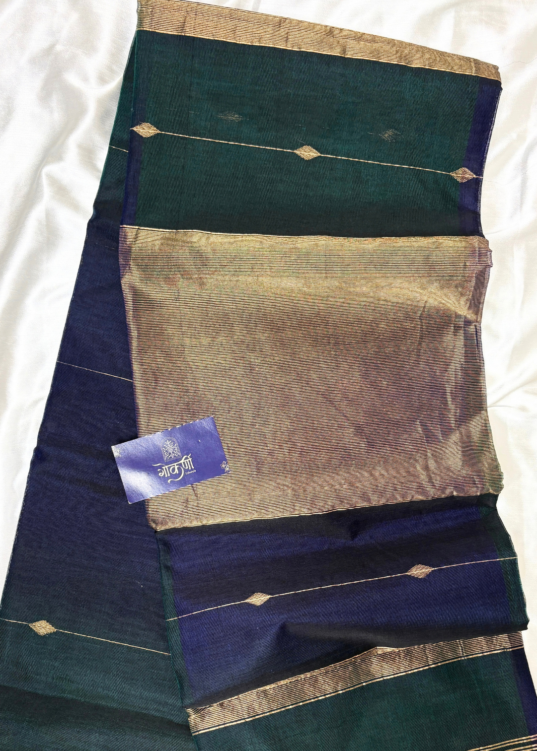 Dhoopchav Navy Blue & Bottle Green Diamond Butti - Chatai Border Maheshwari