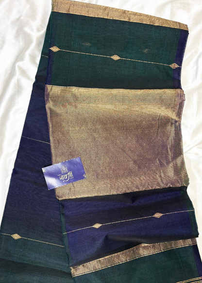 Dhoopchav Navy Blue & Bottle Green Diamond Butti - Chatai Border Maheshwari