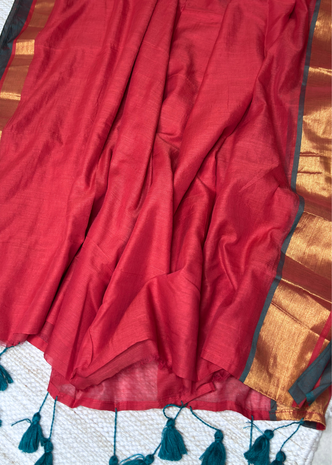 Cherry Red With Golden Jari Border Mul Cotton Saree