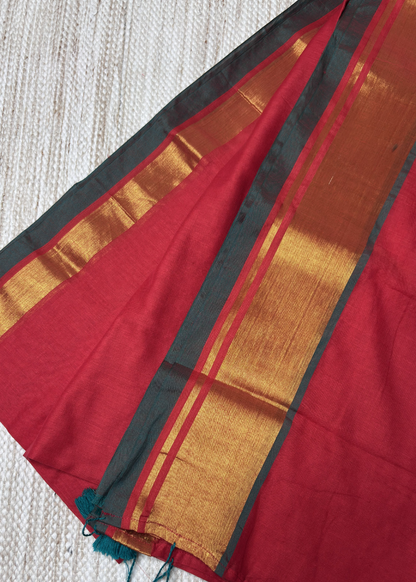 Cherry Red With Golden Jari Border Mul Cotton Saree