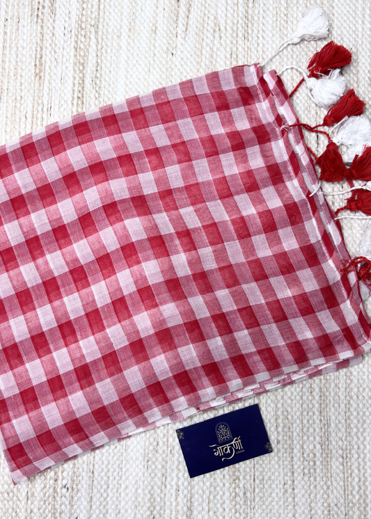 Red & White checks Mul Cotton Saree