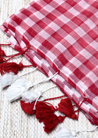 Red & White checks Mul Cotton Saree