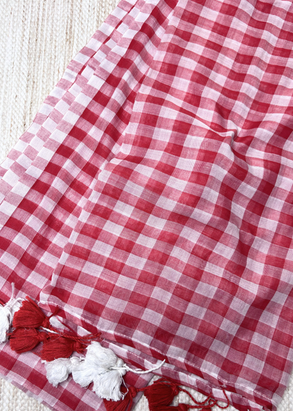 Red & White checks Mul Cotton Saree