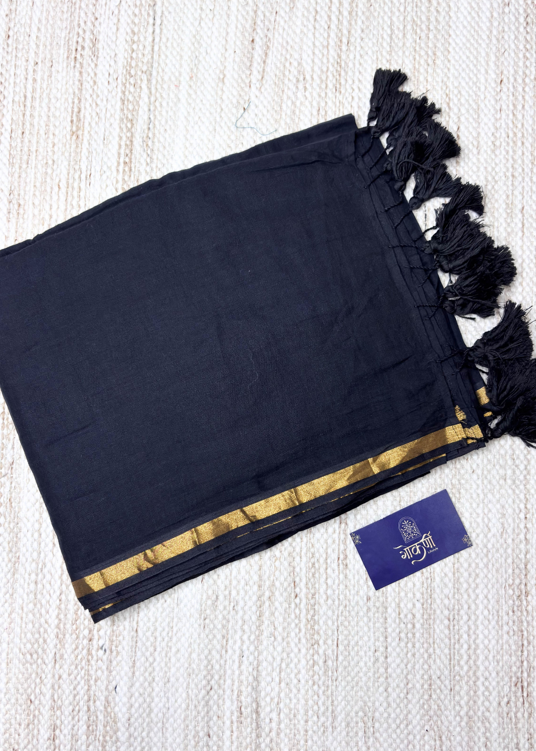 Plain Black with Sober Golden Jari Bordered Mul Cotton Saree