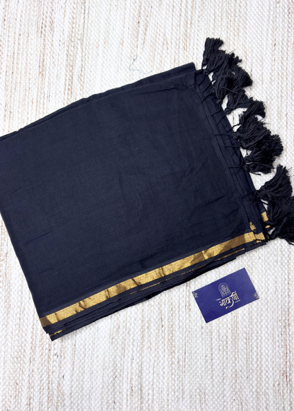 Plain Black with Sober Golden Jari Bordered Mul Cotton Saree