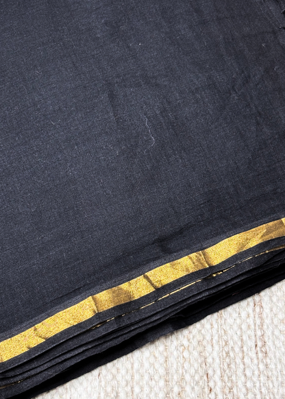 Plain Black with Sober Golden Jari Bordered Mul Cotton Saree