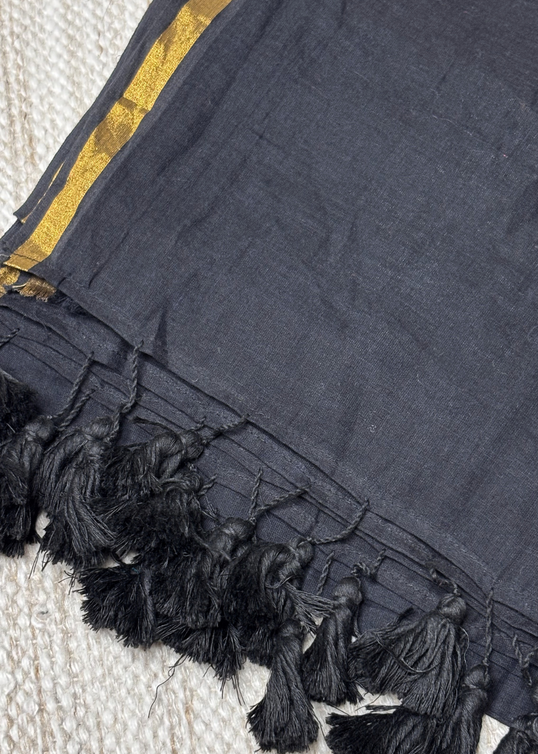 Plain Black with Sober Golden Jari Bordered Mul Cotton Saree