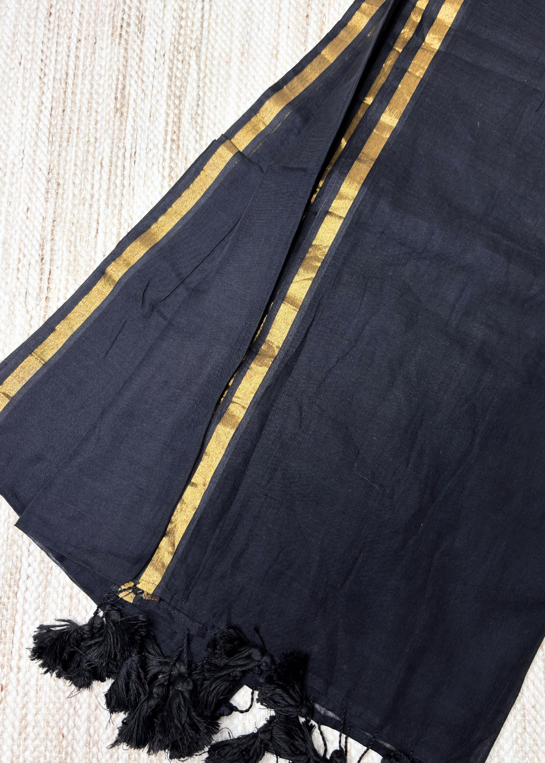 Plain Black with Sober Golden Jari Bordered Mul Cotton Saree