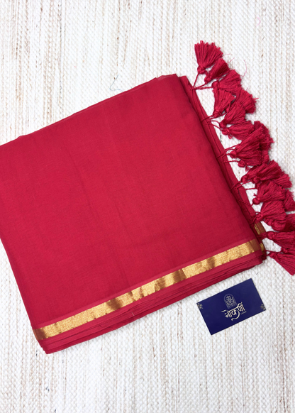 Plain Red with Sober Golden Jari Bordered Mul Cotton Saree