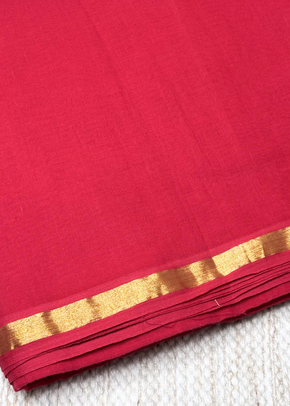 Plain Red with Sober Golden Jari Bordered Mul Cotton Saree