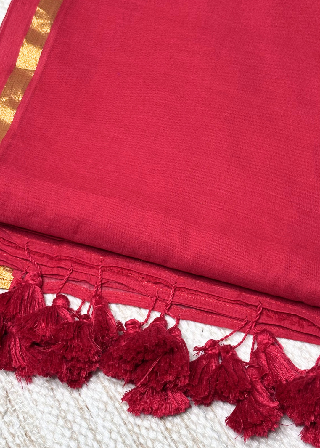 Plain Red with Sober Golden Jari Bordered Mul Cotton Saree