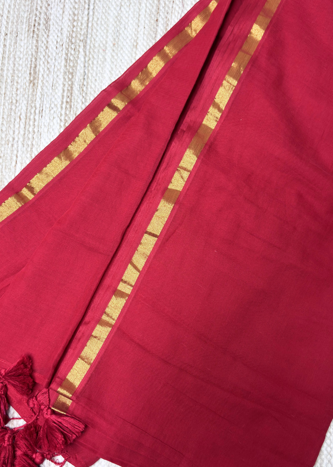 Plain Red with Sober Golden Jari Bordered Mul Cotton Saree