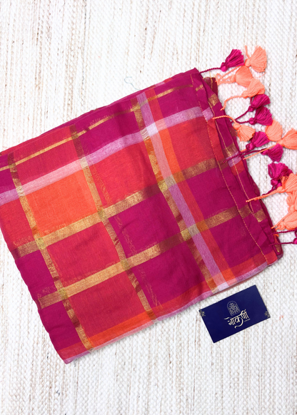Pink & Orange Jari Checks Mul Cotton Saree