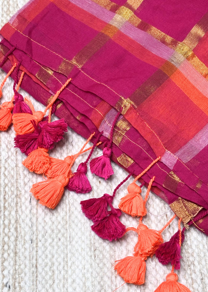 Pink & Orange Jari Checks Mul Cotton Saree