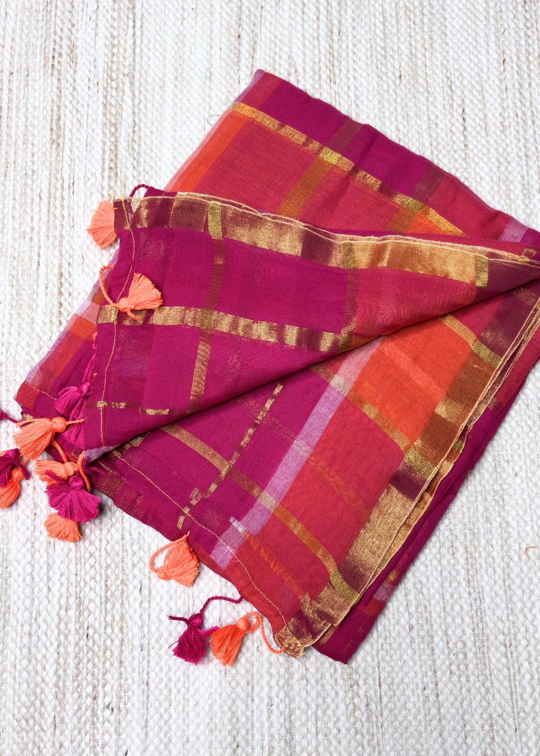 Pink & Orange Jari Checks Mul Cotton Saree