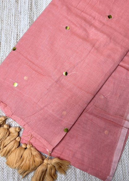 Onion Pink Mirror Work Mul Cotton Saree