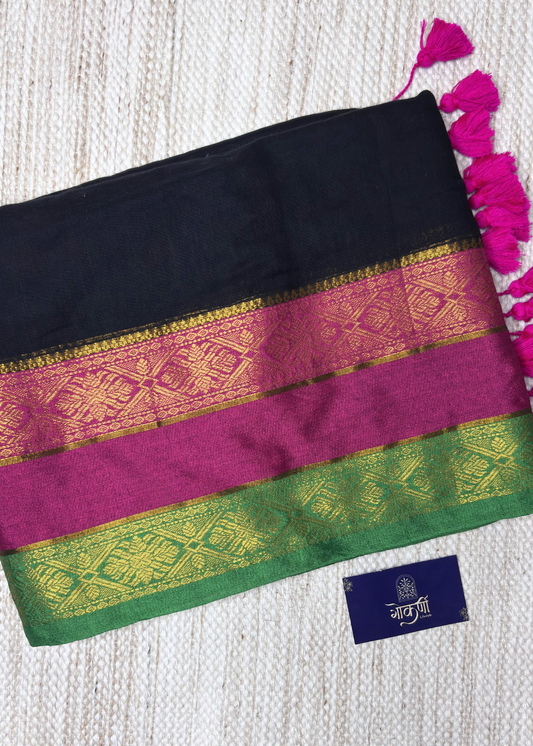 Black Rani Mul Cotton Saree