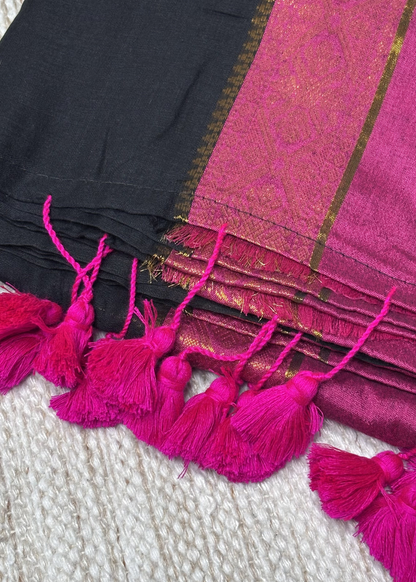 Black Rani Mul Cotton Saree