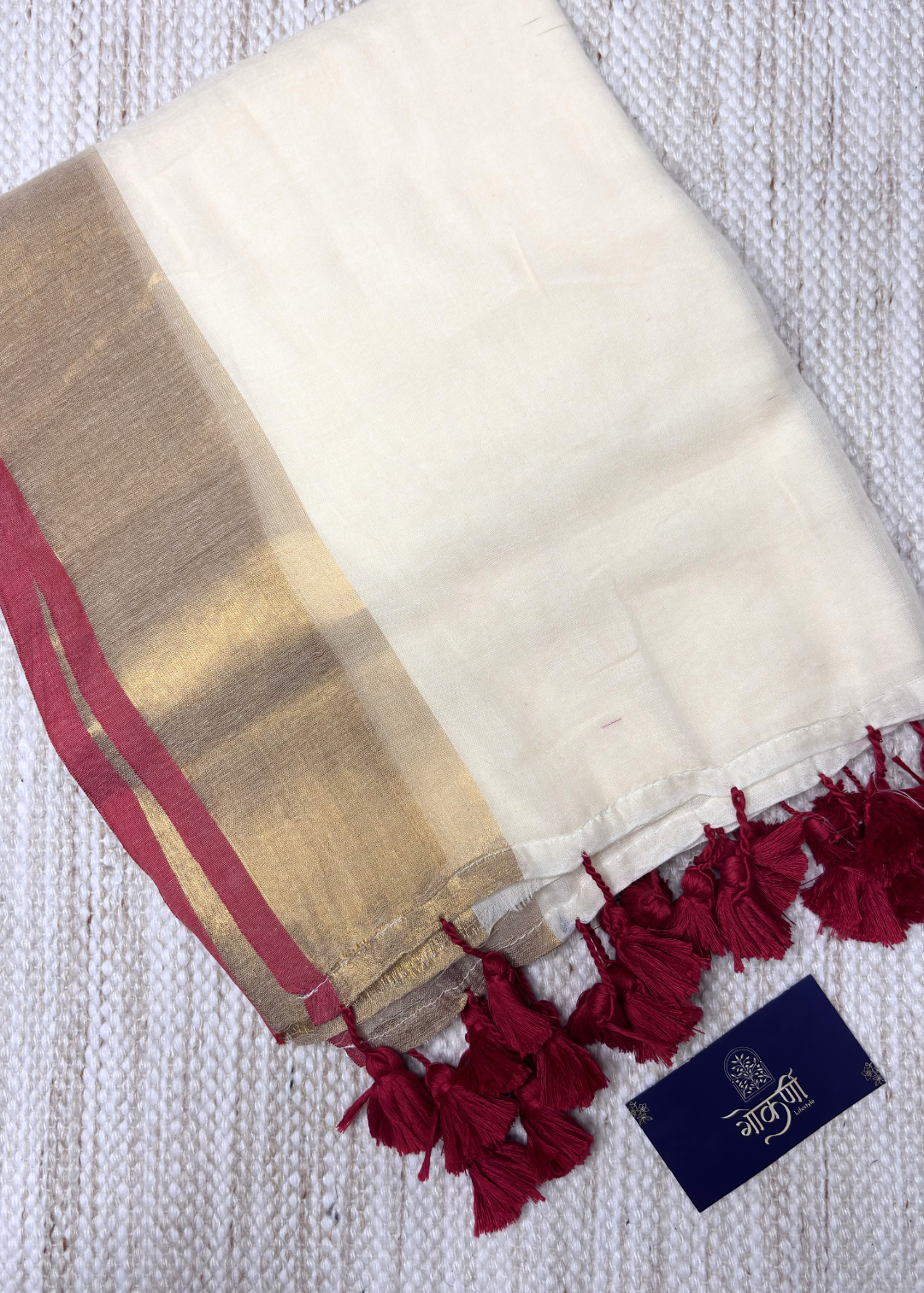Soft Off White With Maroon and Golden Jari Bordered Mul Cotton Saree