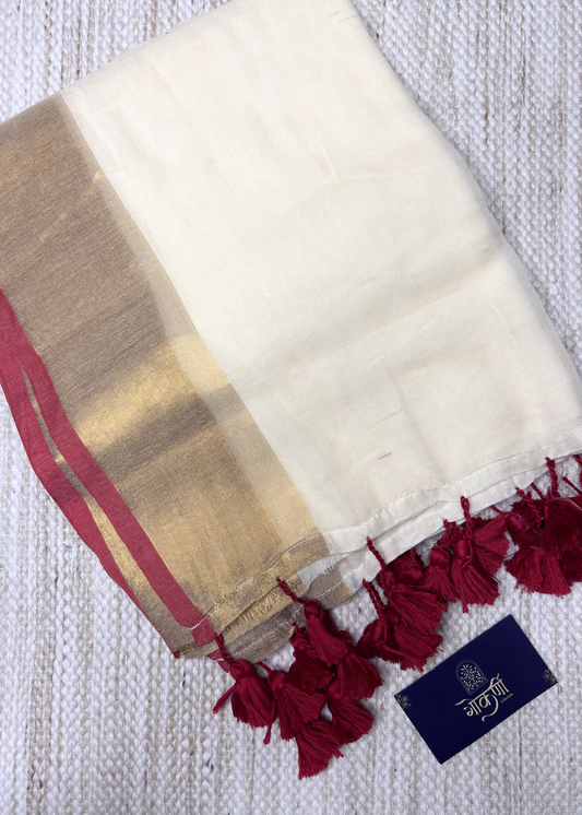 Soft Off White With Maroon and Golden Jari Bordered Mul Cotton Saree