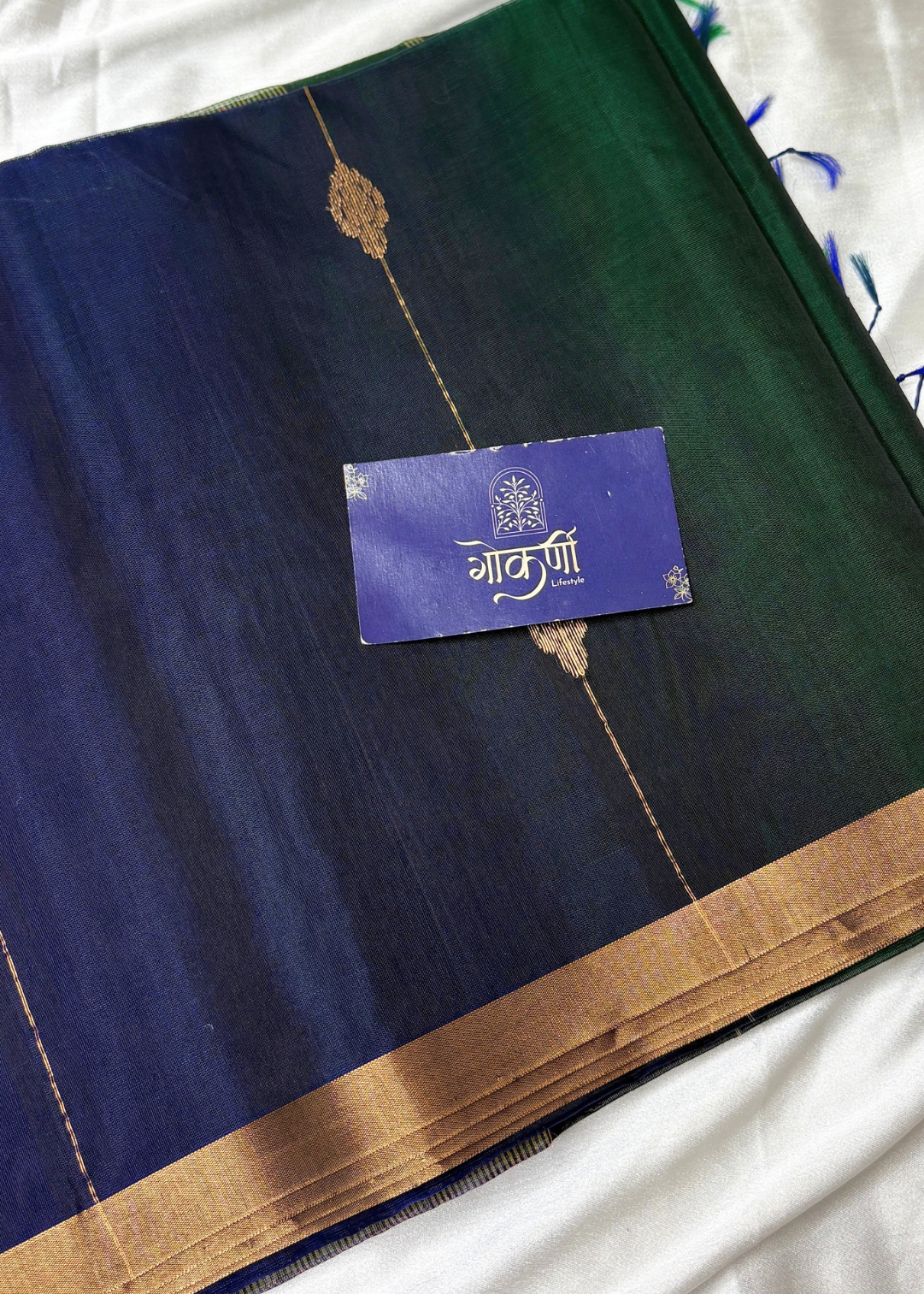 Dhoopchav Royal Blue & Bottle Green Shankh Butti Maheshwari