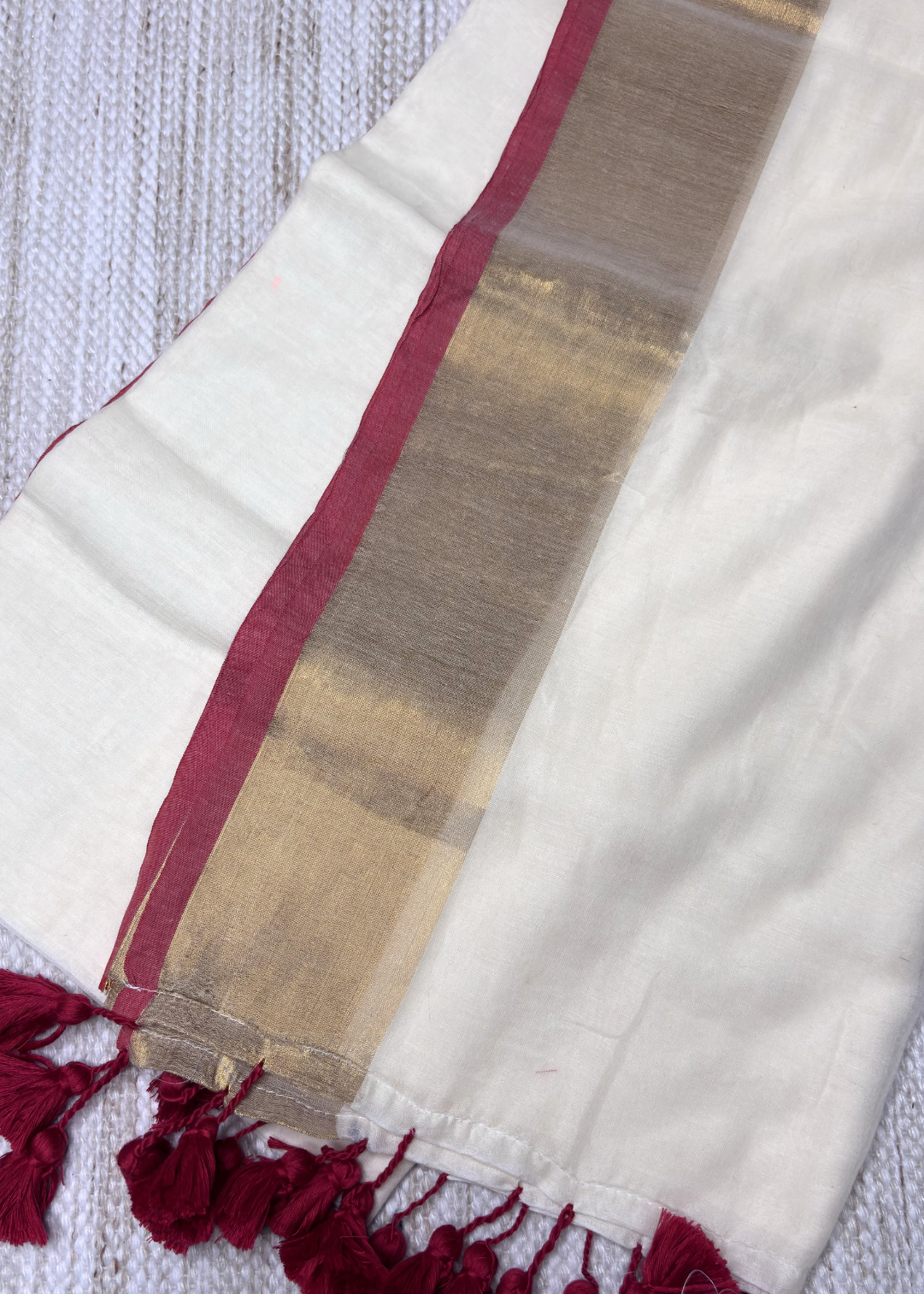 Soft Off White With Maroon and Golden Jari Bordered Mul Cotton Saree