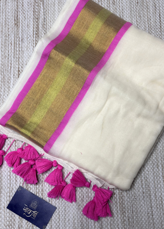 Soft Off White With Hot Pink and Golden Jari Bordered Mul Cotton Saree