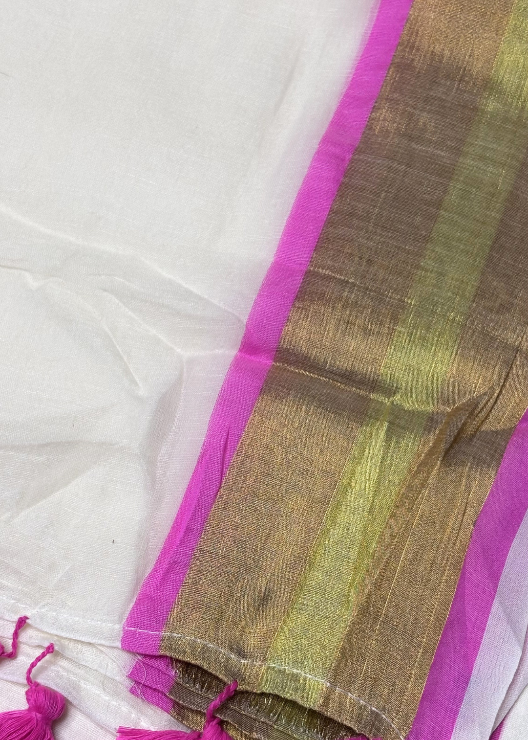 Soft Off White With Hot Pink and Golden Jari Bordered Mul Cotton Saree