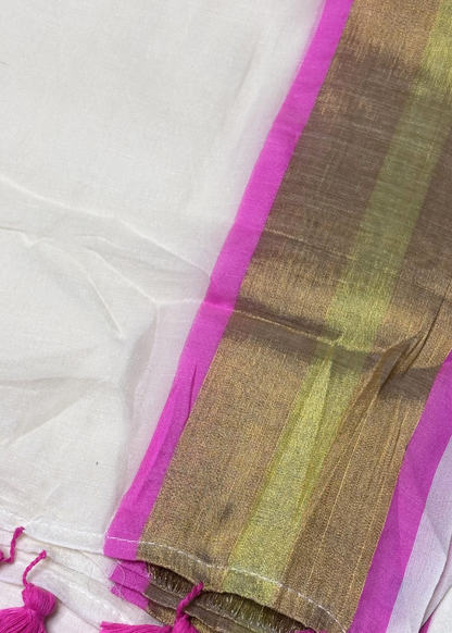 Soft Off White With Hot Pink and Golden Jari Bordered Mul Cotton Saree