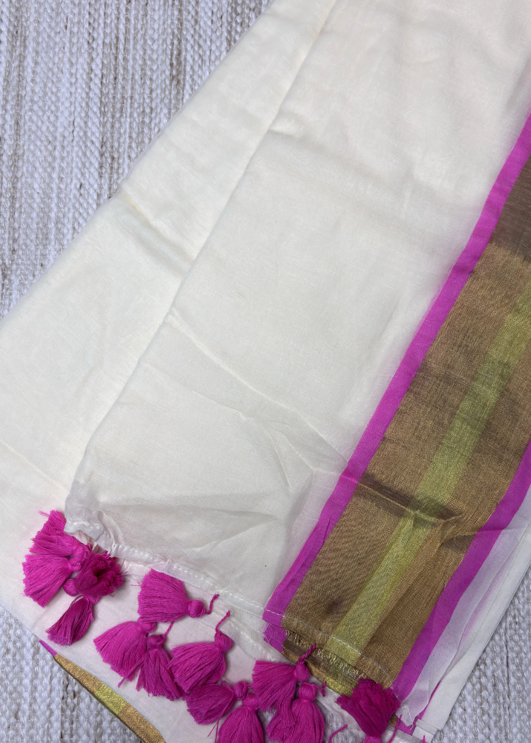 Soft Off White With Hot Pink and Golden Jari Bordered Mul Cotton Saree