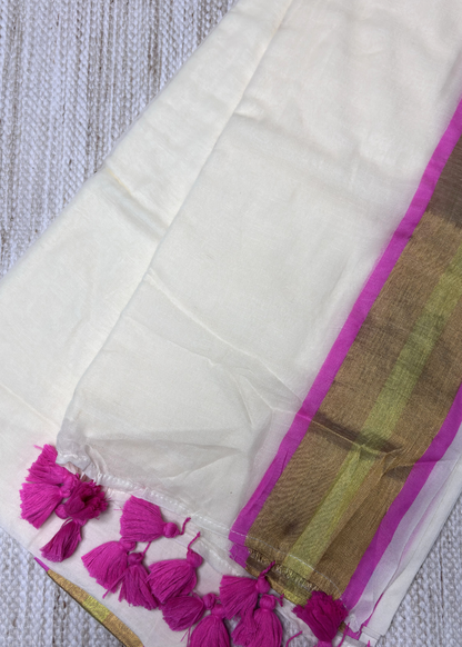 Soft Off White With Hot Pink and Golden Jari Bordered Mul Cotton Saree