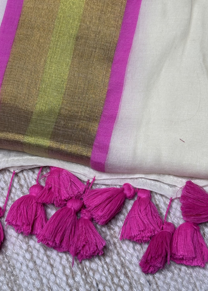 Soft Off White With Hot Pink and Golden Jari Bordered Mul Cotton Saree
