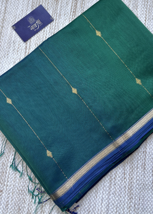Dual Shade Green Diamond Butti - Chatai Border Maheshwari