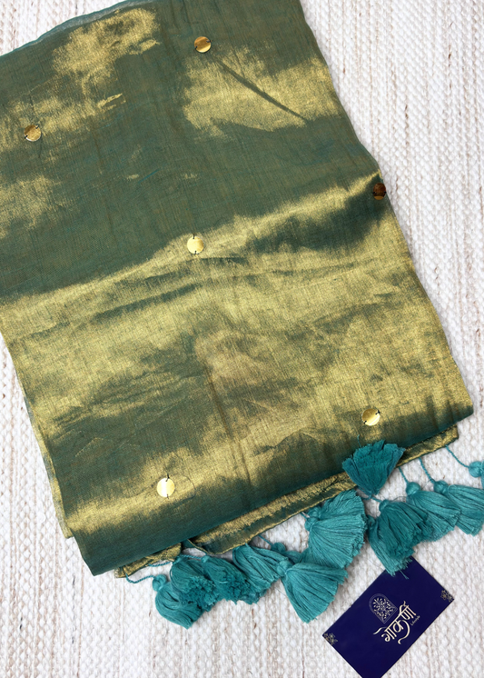 Mehendi Green Hand Woven Mirror Work Raga Tissue Silk