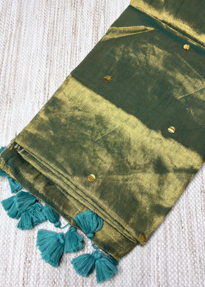 Mehendi Green Hand Woven Mirror Work Raga Tissue Silk
