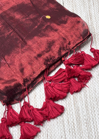 Maroon Hand Woven Mirror Work Raga Tissue Silk